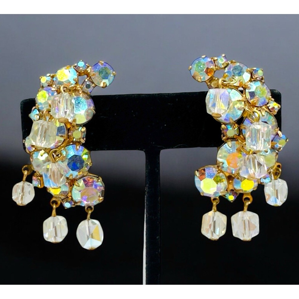 Vintage Aurora Borealis Crystal and Gold Dangle Earrings